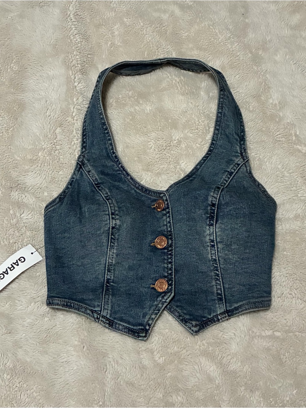 Garage Blue Denim Halter Crop Vest